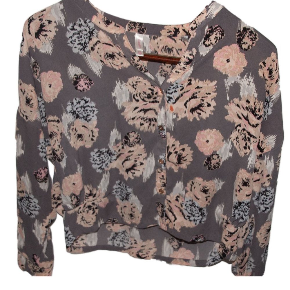 Gray Watercolor Floral Button Up Blouse